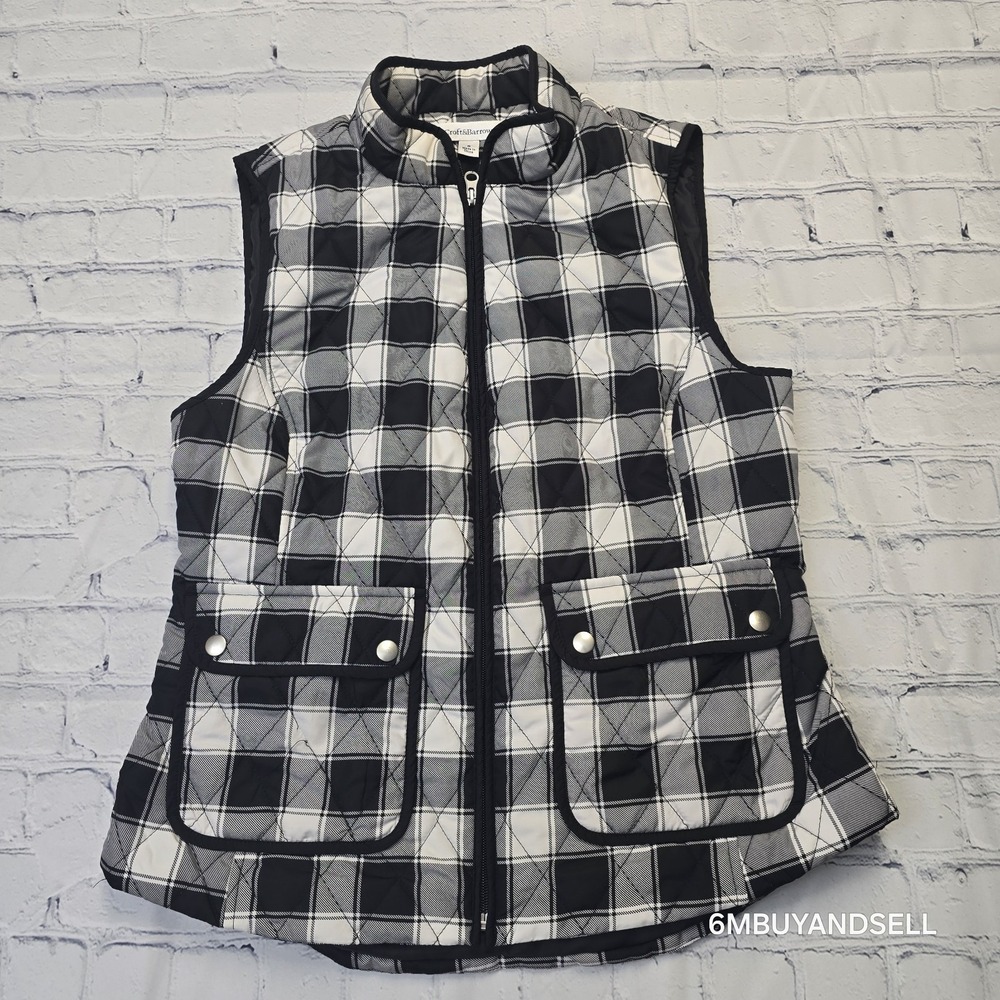 Croft & Barrow Womens‎ Black White Buffalo Plaid Quilted Puffer Vest Small S